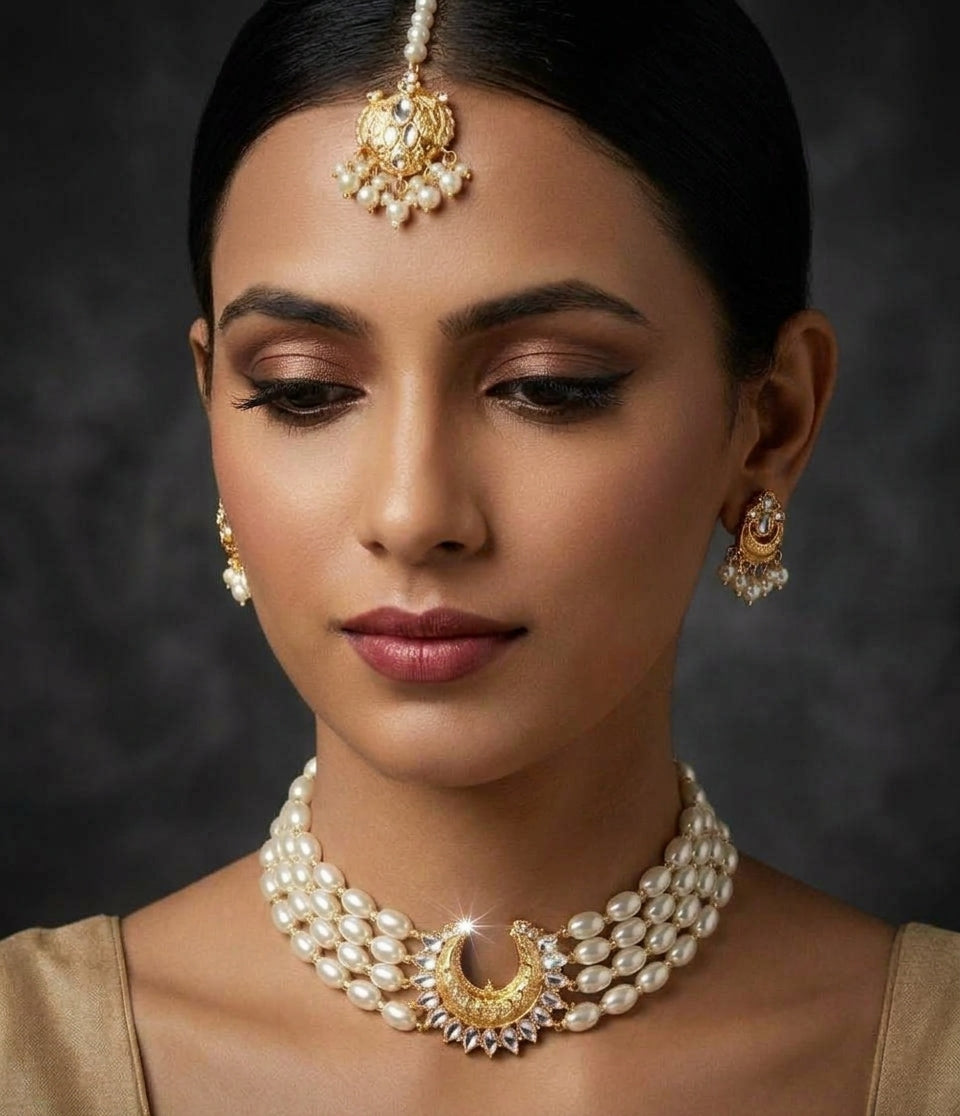 Chand Pearl Kundan Choker Necklace Set with Tikka & Earrings