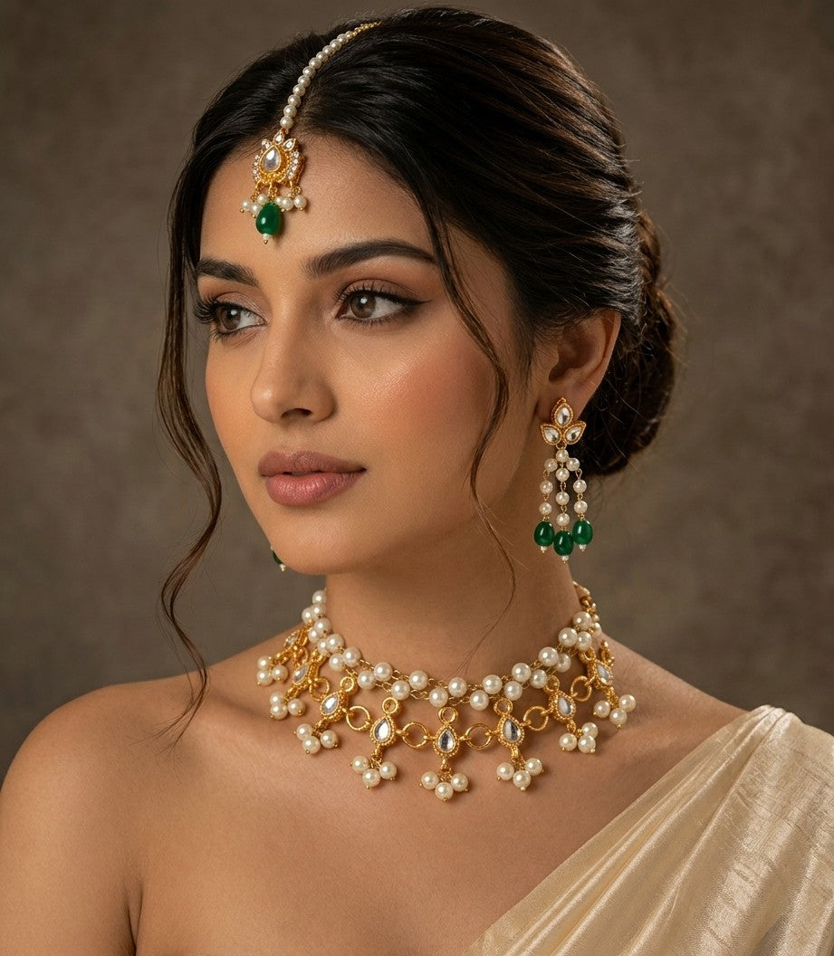 Naura Pearl Kundan Bridal Necklace Set with Tikka & Earrings