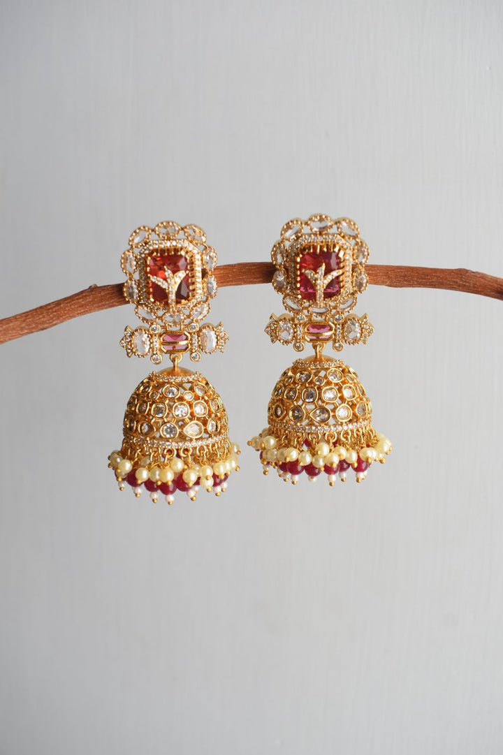 Begum Noor Green & Maroon Traditional Jhumka Earrings