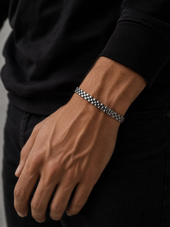 Brick Link Silver Stainless Steel Bracelet for Men